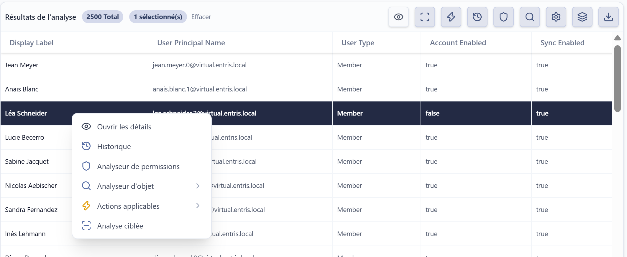 Le menu d'actions d'Entris ouvert sur une sélection d'objets