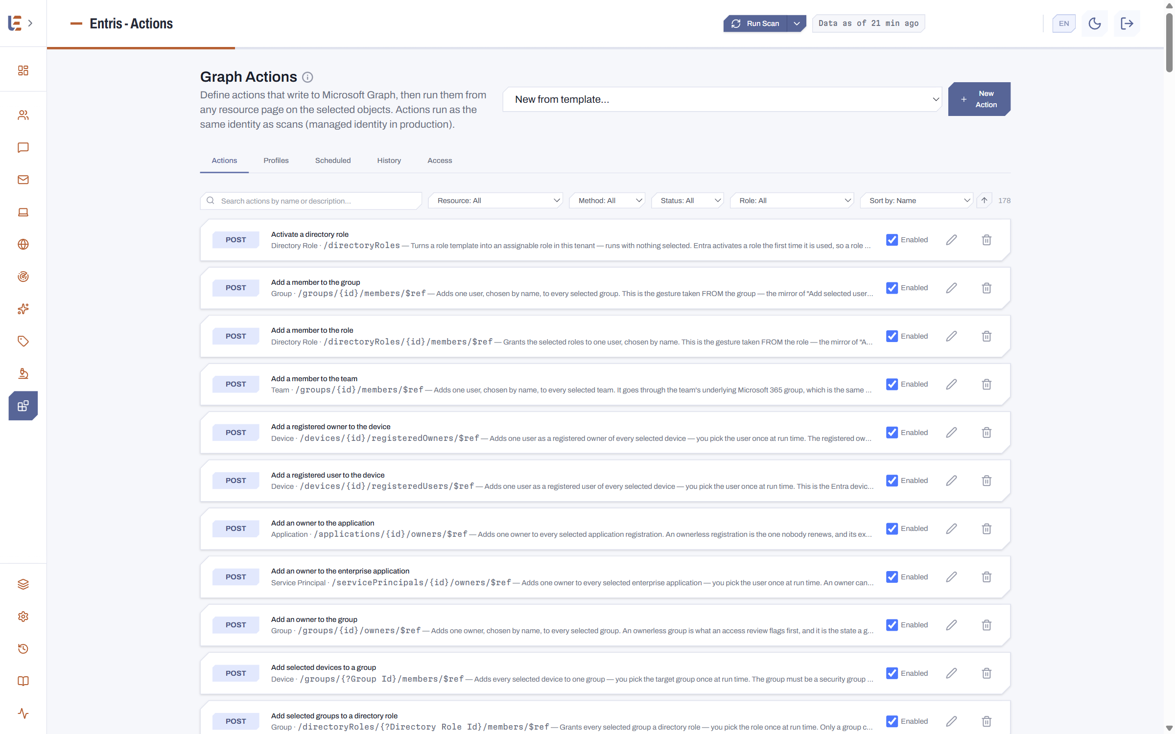 The Entris action library, fully configurable
