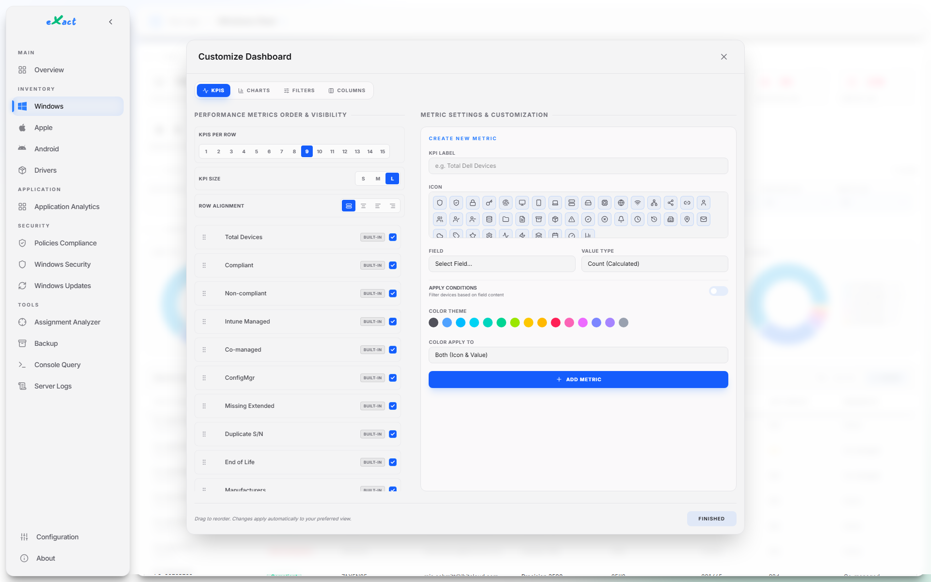 Panneau de personnalisation des indicateurs : ordre, visibilité, conditions et couleurs